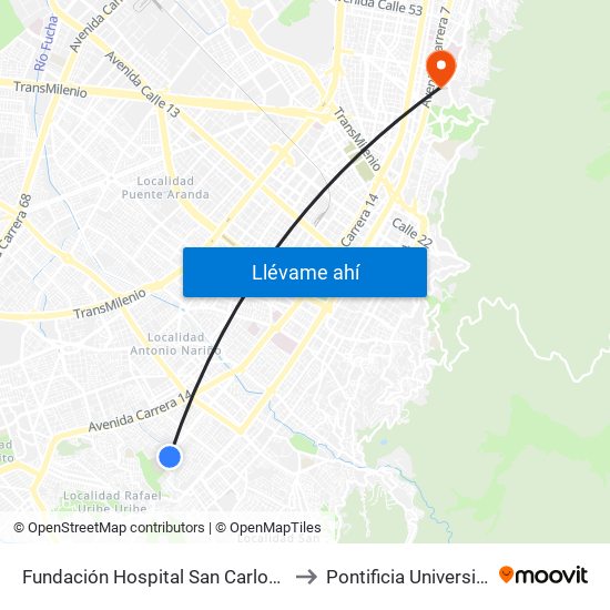 Fundación Hospital San Carlos (Cl 31a Sur - Kr 12b) to Pontificia Universidad Javeriana map
