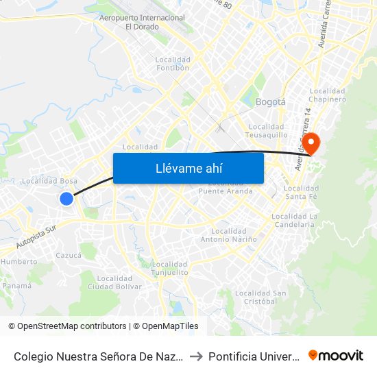 Colegio Nuestra Señora De Nazareth (Kr 80c - Cl 65d Sur) to Pontificia Universidad Javeriana map