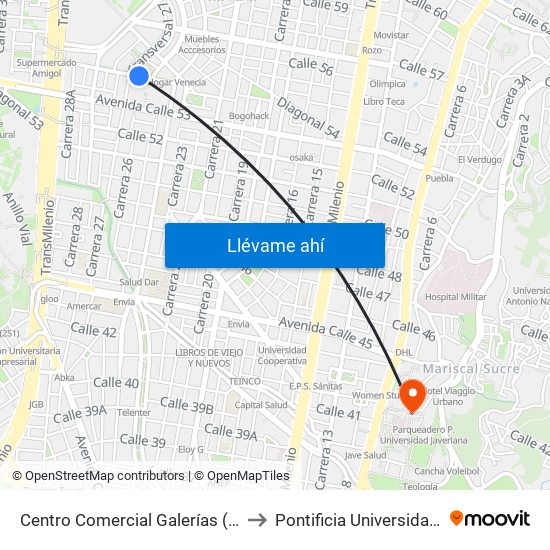 Centro Comercial Galerías (Cl 53b - Tv 25) to Pontificia Universidad Javeriana map