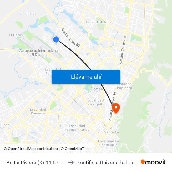 Br. La Riviera (Kr 111c - Cl 70f) to Pontificia Universidad Javeriana map