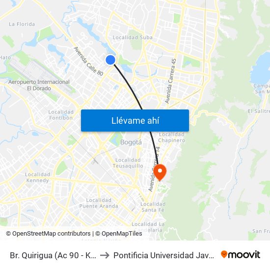 Br. Quirigua (Ac 90 - Kr 91) to Pontificia Universidad Javeriana map