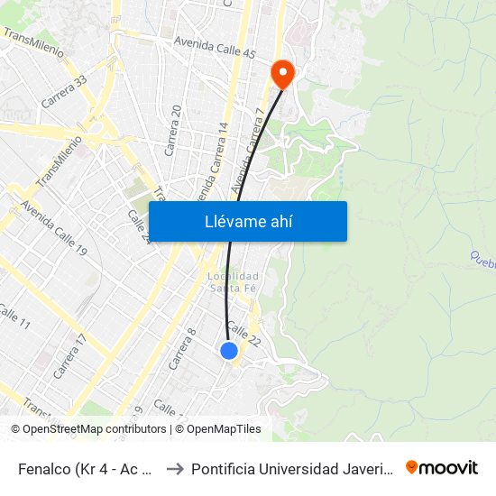 Fenalco (Kr 4 - Ac 19) to Pontificia Universidad Javeriana map