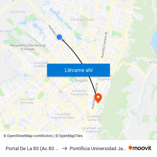 Portal De La 80 (Ac 80 - Kr 96) to Pontificia Universidad Javeriana map