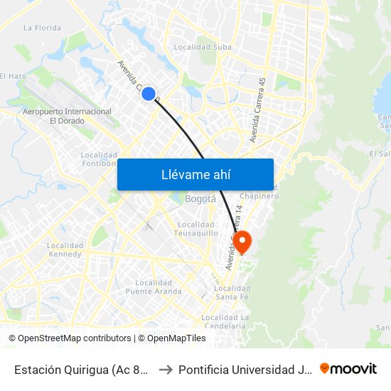 Estación Quirigua (Ac 80 - Kr 94) to Pontificia Universidad Javeriana map