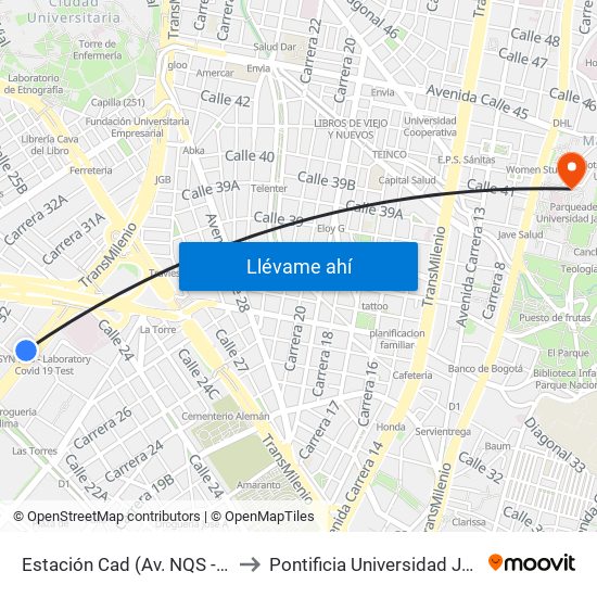 Estación Cad (Av. NQS - Cl 22b) to Pontificia Universidad Javeriana map