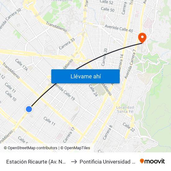 Estación Ricaurte (Av. NQS - Cl 10) to Pontificia Universidad Javeriana map