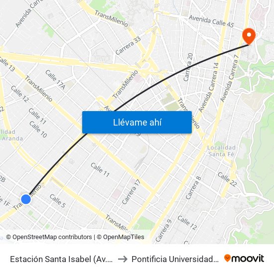 Estación Santa Isabel (Av. NQS - Cl 2) to Pontificia Universidad Javeriana map