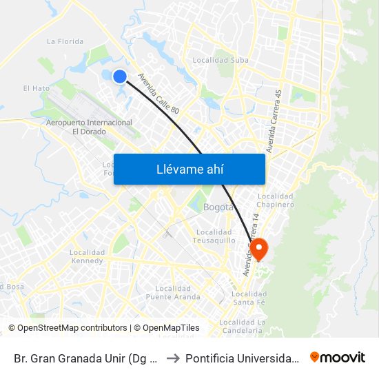 Br. Gran Granada Unir (Dg 77 - Tv 120a) to Pontificia Universidad Javeriana map