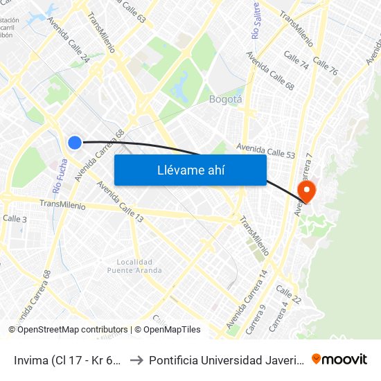 Invima (Cl 17 - Kr 68d) to Pontificia Universidad Javeriana map