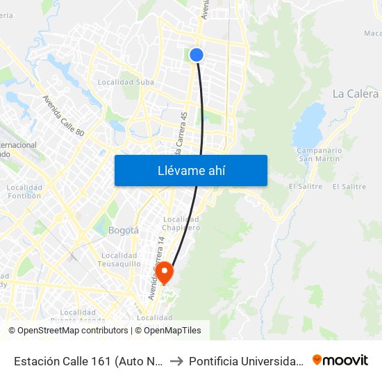 Estación Calle 161 (Auto Norte - Ac 161) to Pontificia Universidad Javeriana map