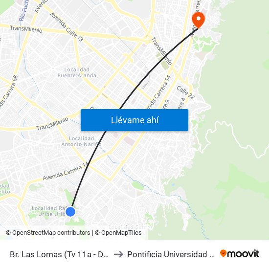 Br. Las Lomas (Tv 11a - Dg 38g Sur) to Pontificia Universidad Javeriana map