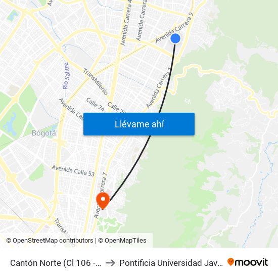 Cantón Norte (Cl 106 - Kr 8) to Pontificia Universidad Javeriana map