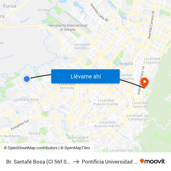 Br. Santafé Bosa (Cl 56f Sur - Kr 98c) to Pontificia Universidad Javeriana map