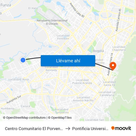 Centro Comunitario El Porvenir (Cl 52 Sur - Kr 100) to Pontificia Universidad Javeriana map