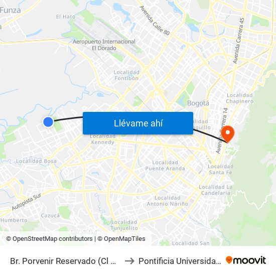 Br. Porvenir Reservado (Cl 50 Sur - Kr 98b) to Pontificia Universidad Javeriana map