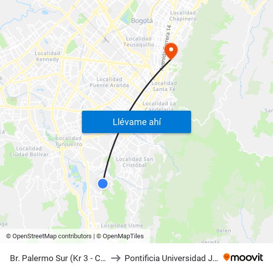 Br. Palermo Sur (Kr 3 - Cl 50 Sur) to Pontificia Universidad Javeriana map