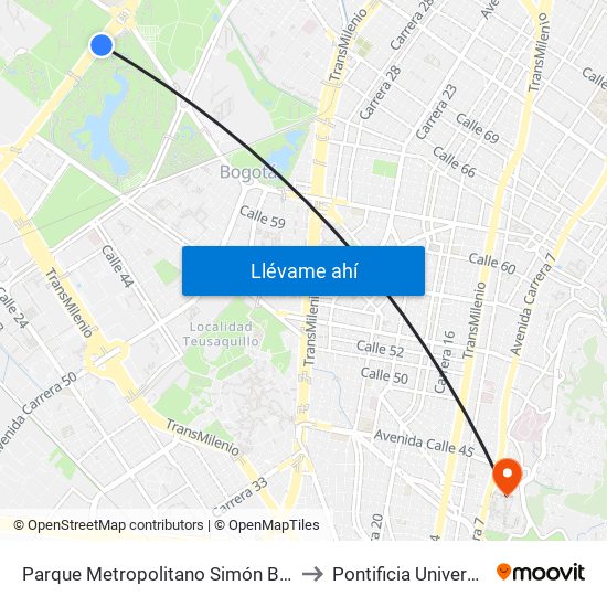 Parque Metropolitano Simón Bolívar (Ak 68 - Ac 63) (A) to Pontificia Universidad Javeriana map