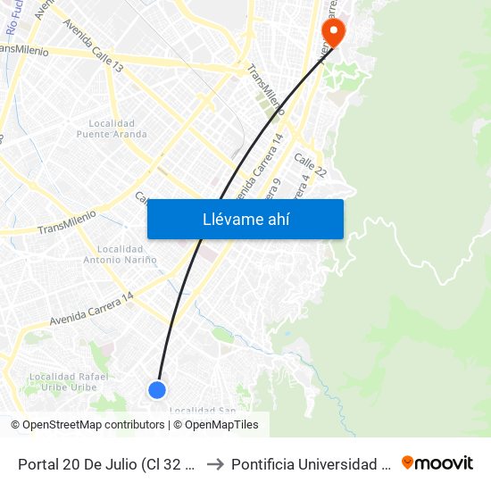 Portal 20 De Julio (Cl 32 Sur - Kr 3f) to Pontificia Universidad Javeriana map