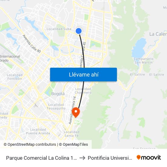 Parque Comercial La Colina 138 (Ac 138 - Kr 55) to Pontificia Universidad Javeriana map