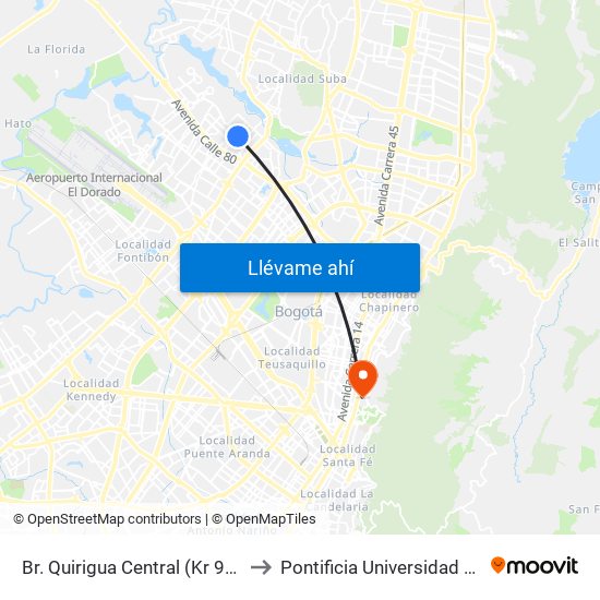 Br. Quirigua Central (Kr 94h - Cl 84) to Pontificia Universidad Javeriana map