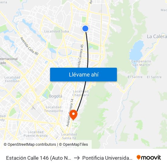 Estación Calle 146 (Auto Norte - Cl 150) to Pontificia Universidad Javeriana map
