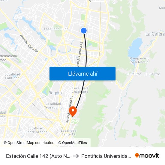 Estación Calle 142 (Auto Norte - Cl 144) to Pontificia Universidad Javeriana map