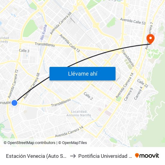 Estación Venecia (Auto Sur - Kr 54a) to Pontificia Universidad Javeriana map