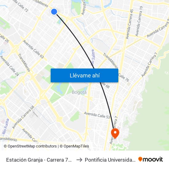 Estación Granja - Carrera 77 (Kr 81 - Cl 78) to Pontificia Universidad Javeriana map