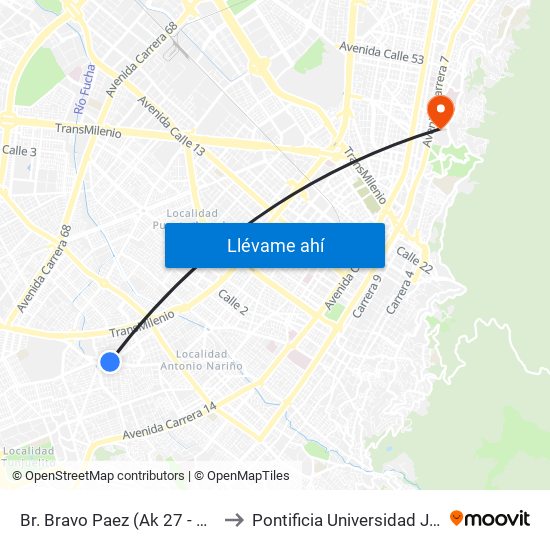 Br. Bravo Paez (Ak 27 - Cl 35 Sur) to Pontificia Universidad Javeriana map