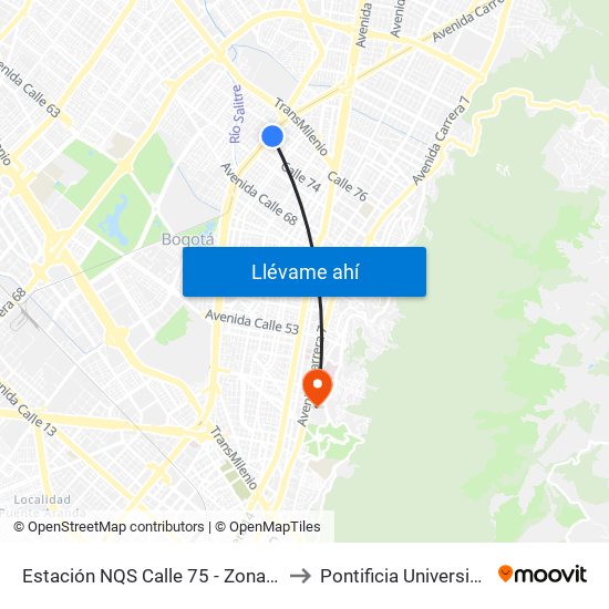 Estación NQS Calle 75 - Zona M (Av. NQS - Cl 75) to Pontificia Universidad Javeriana map