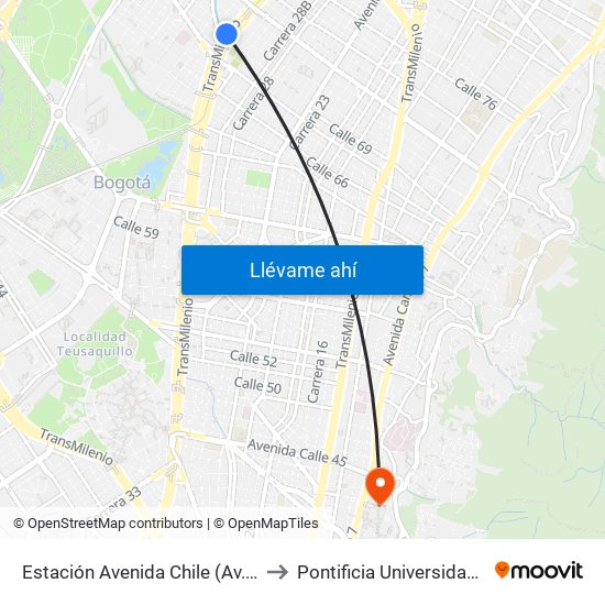 Estación Avenida Chile (Av. NQS - Cl 70) to Pontificia Universidad Javeriana map