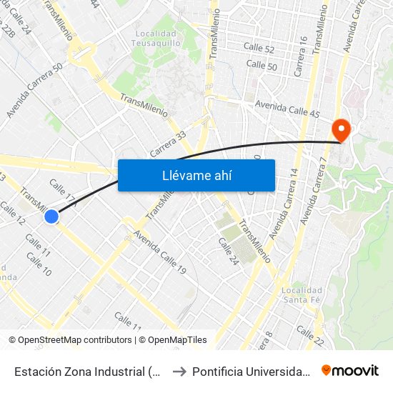 Estación Zona Industrial (Ac 13 - Kr 38) to Pontificia Universidad Javeriana map