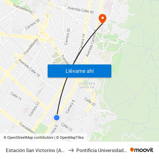 Estación San Victorino (Ak 10 - Cl 12) to Pontificia Universidad Javeriana map