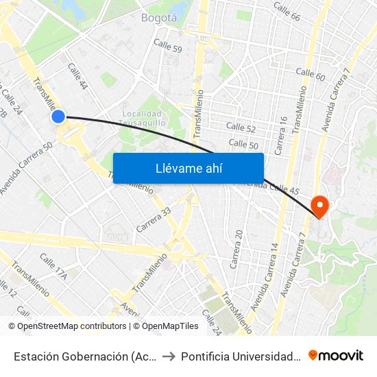 Estación Gobernación (Ac 26 - Kr 51) to Pontificia Universidad Javeriana map