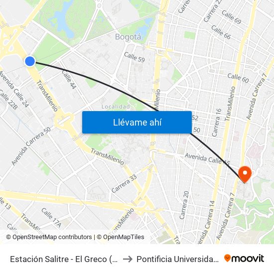 Estación Salitre - El Greco (Ac 26 - Ak 68) to Pontificia Universidad Javeriana map