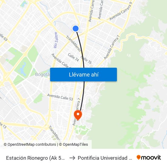 Estación Rionegro (Ak 50 - Cl 91a) to Pontificia Universidad Javeriana map