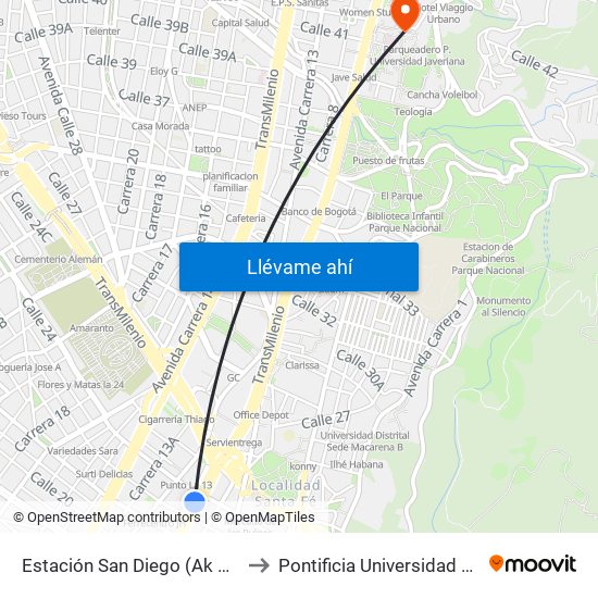 Estación San Diego (Ak 10 - Cl 23) to Pontificia Universidad Javeriana map