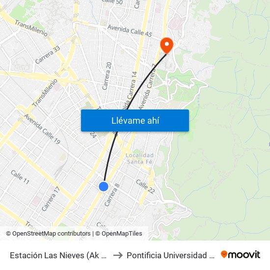 Estación Las Nieves (Ak 10 - Cl 17) to Pontificia Universidad Javeriana map