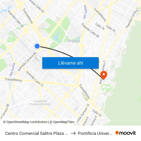 Centro Comercial Salitre Plaza (Av. La Esperanza - Kr 68a) to Pontificia Universidad Javeriana map