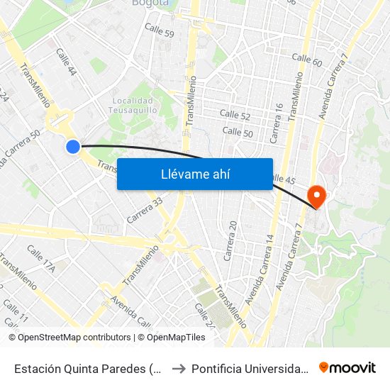 Estación Quinta Paredes (Ac 26 - Kr 45) to Pontificia Universidad Javeriana map