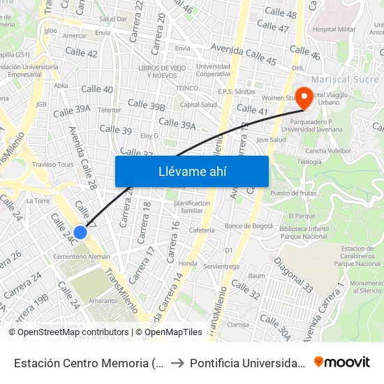 Estación Centro Memoria (Ac 26 - Kr 25) to Pontificia Universidad Javeriana map