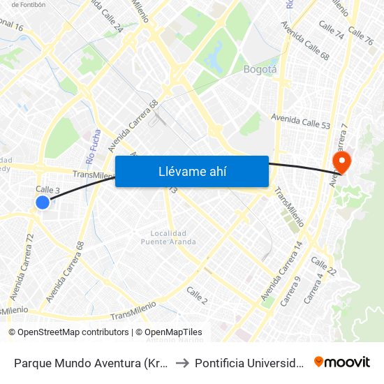 Parque Mundo Aventura (Kr 71d - Cl 1a Sur) to Pontificia Universidad Javeriana map