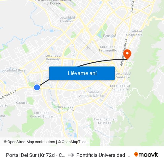 Portal Del Sur (Kr 72d - Cl 57k Sur) to Pontificia Universidad Javeriana map