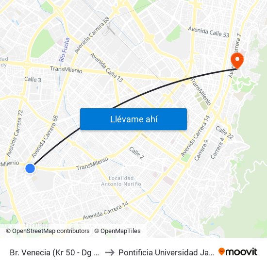 Br. Venecia (Kr 50 - Dg 45 Sur) to Pontificia Universidad Javeriana map