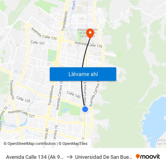 Avenida Calle 134 (Ak 9 - Ac 134) to Universidad De San Buenaventura map