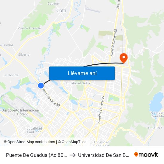 Puente De Guadua (Ac 80 - Kr 119) (A) to Universidad De San Buenaventura map