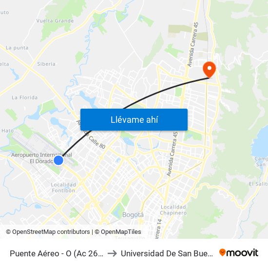 Puente Aéreo - O (Ac 26 - Kr 106) to Universidad De San Buenaventura map