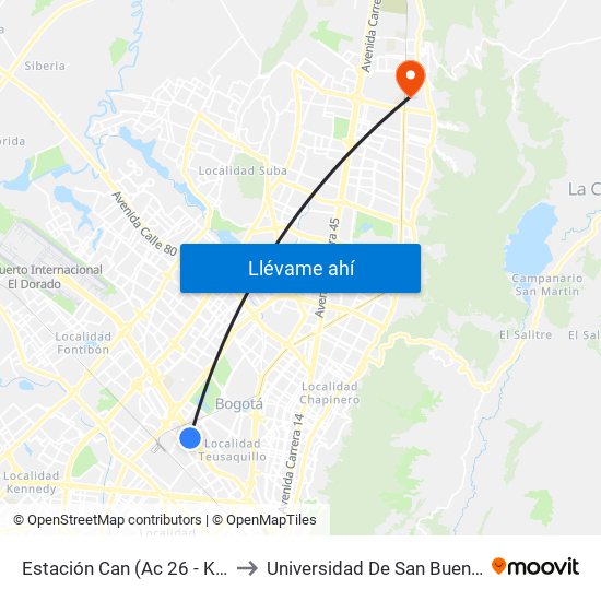 Estación Can (Ac 26 - Kr 59) (B) to Universidad De San Buenaventura map