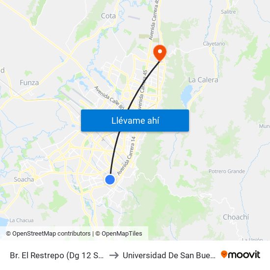 Br. El Restrepo (Dg 12 Sur - Kr 18) to Universidad De San Buenaventura map