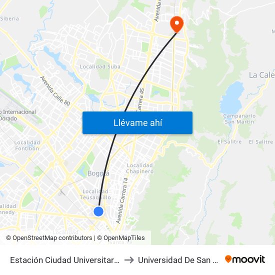 Estación Ciudad Universitaria (Kr 33 - Ac 26) to Universidad De San Buenaventura map